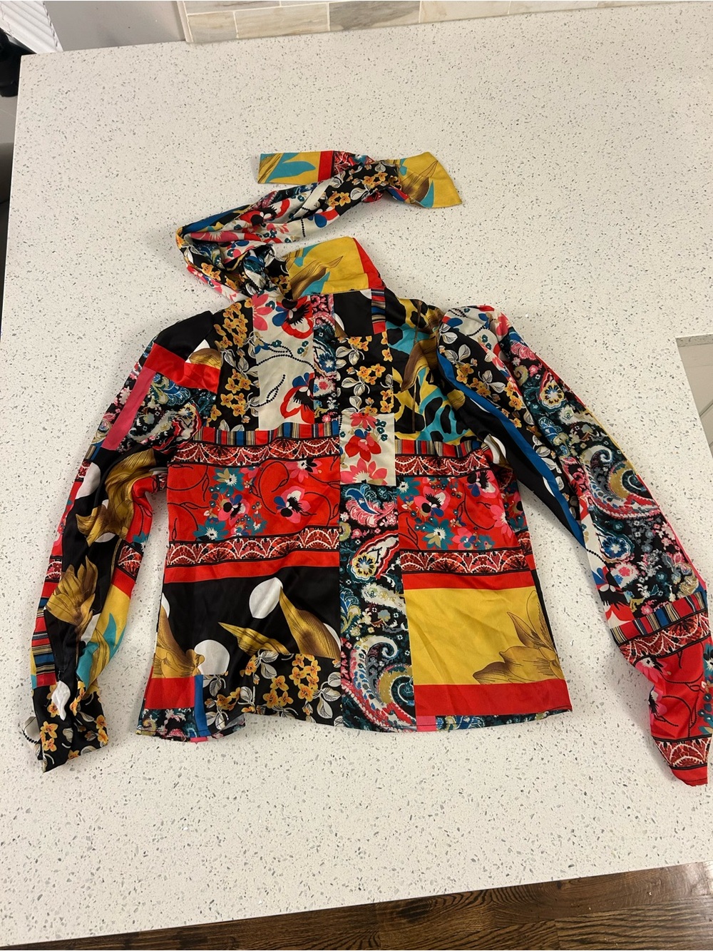 Akira Chicago: Vibrant Patchwork Floral Bandana Tie Blouse - Picture 2 of 2
